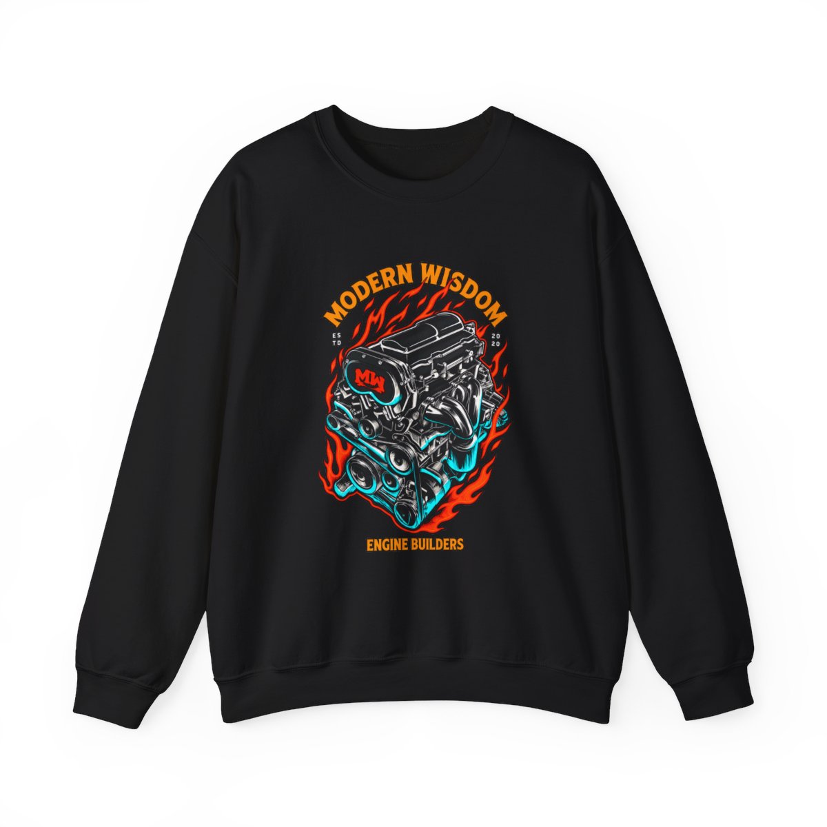 Engine skull with flames Crewneck Sweatshirt | Modern Wisdom engine builders | Modern Wisdom Podcast Merch | Chris Williamson 